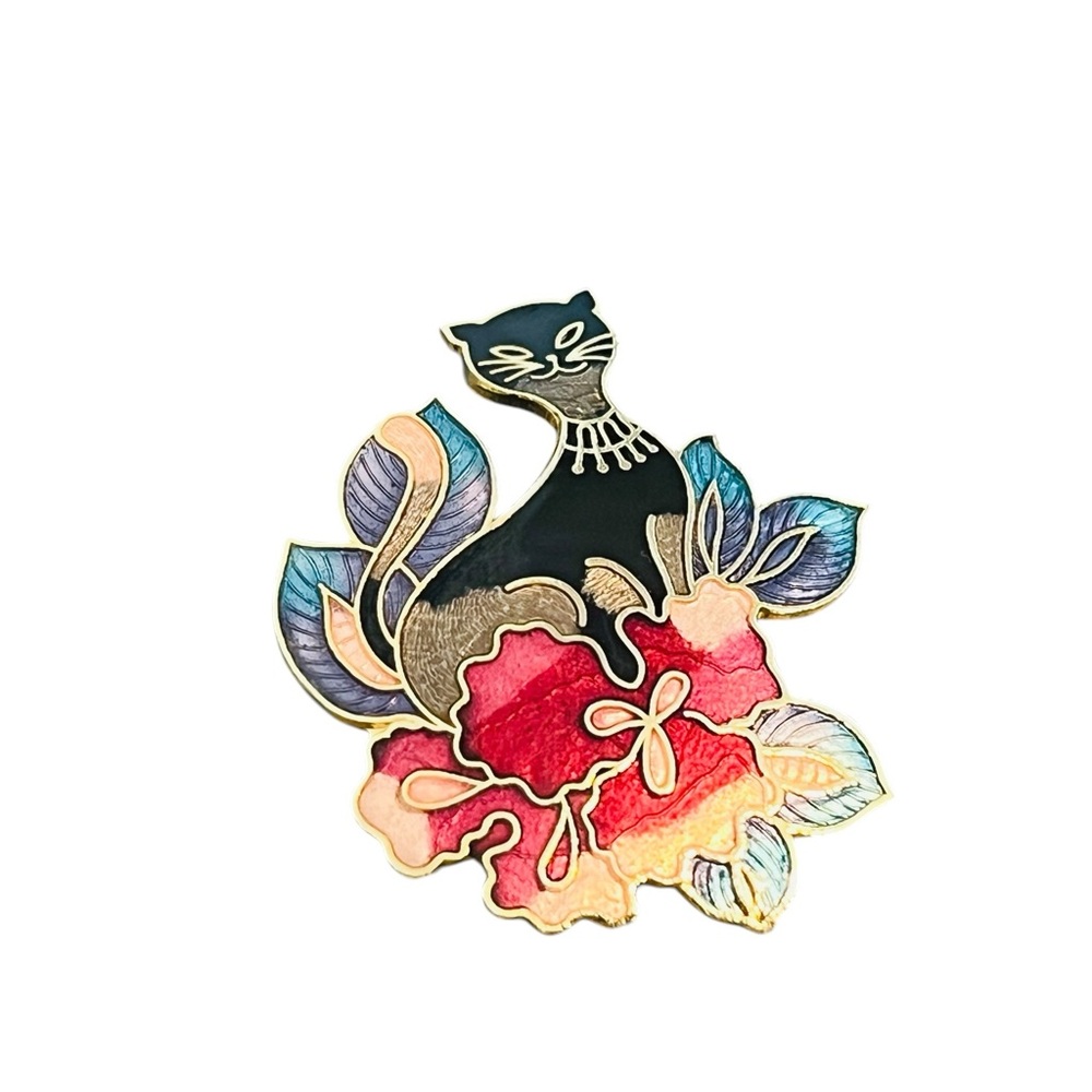 Vintage 1970s Cloisonné Cat & Orchid Brooch — Blue, Purple, Red & Gold